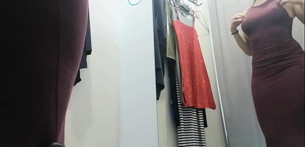 Dressing room. Russian girl with big boobs and nipples. Sexy change clothes